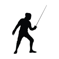 Fencer Silhouette in a Defensive On-Guard Stance. Concept of Fencing, Duel Sport, Precision, Strategy, and Historical Combat.