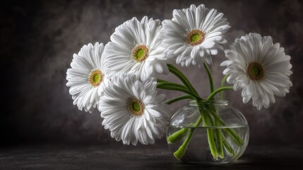 Obraz premium White gerbera daisies in a clear vase on a dark textured background.