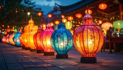 Luztopía festival: Close-up Row of Unique, Colorful Lantern Sculptures on Pavement Against a Dark Backdrop.