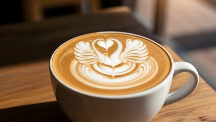 latte art of swan with spread wings and heart shapes in white cup on wooden table with coffee beans