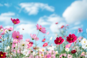 A vibrant field of flowers, with pink and white blooms scattered throughout, under a clear blue sky with fluffy white clouds. The sun shines brightly, casting a warm glow on the scene.
