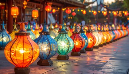 Luztopía festival: Traditional Asian-Inspired Lanterns in Vibrant Neon Colors Lined Up for a Night Celebration.