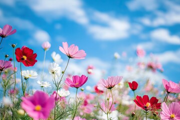 A vibrant field of flowers blooming under a clear blue sky, with a few clouds scattered across the horizon.