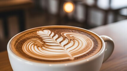 latte art with leaf pattern on creamy coffee surface white cup on wooden table cozy cafe background