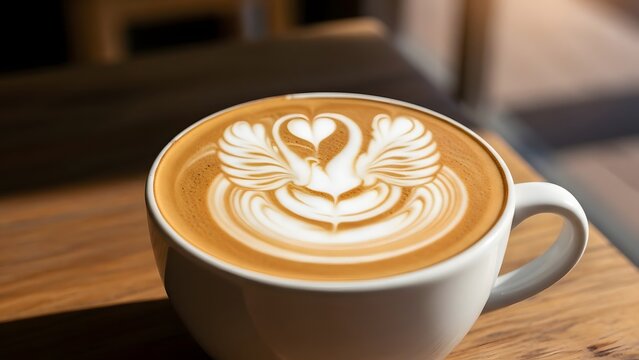 latte art of swan with spread wings and heart shapes in white cup on wooden table with coffee beans