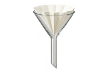 Glass funnel with folded filter paper preparing for filtration, laboratory science equipment on transparent background