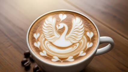 latte art featuring two swans forming a heart shape on creamy coffee surface cozy cafe ambiance wooden table background