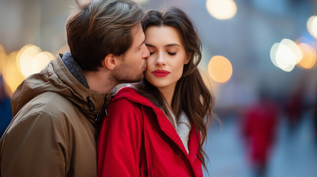 Quick tender cheek kiss in quiet evening street, soft streetlights, subtle emotional warmth, blurred background with copy space