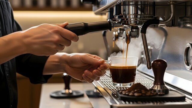 espresso brewing into glass cup held under portafilter with tamper and coffee beans on counter