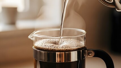 hot water being poured into french press with ground coffee steam rising in cozy kitchen setting