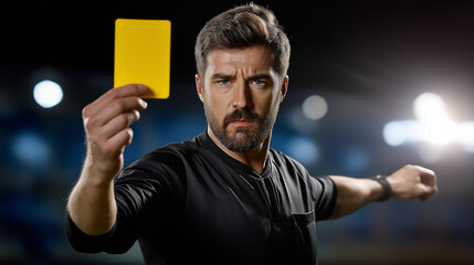 Referee raising yellow card, stern facial expression, surreal backlight, hands crisp, blurred background with copy space