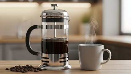 french press with brewed coffee next to steaming mug on wooden counter in cozy kitchen setting