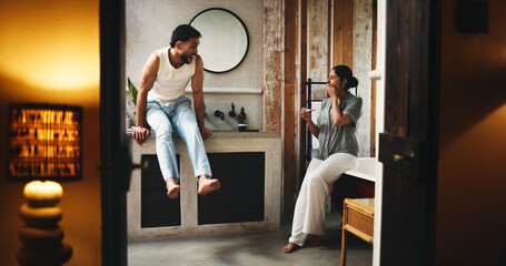 Excited, pregnancy test and success with couple in bathroom together for family planning or fertility. Pregnant, result and surprise with happy people in apartment for love, parenthood or support