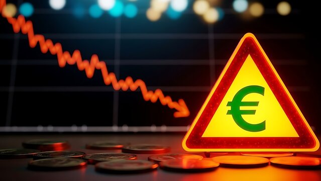 Euro currency symbol with a falling graph, financial crisis concept