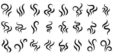 Doodle smoke icons set. Water steam symbols. Hand drawn hot vapors. Line air smell symbols. Doodle fire smoke icons. Vector illustration isolated on white background