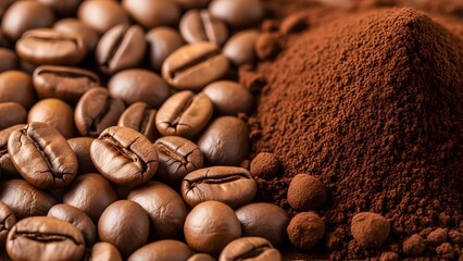 roasted coffee beans and finely ground coffee side by side on wooden surface closeup view