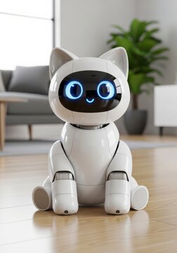 robot cat with white shell and LED expression, No text, no logo