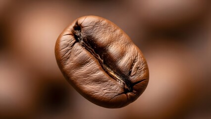 closeup of single roasted coffee bean with textured surface and blurred brown background