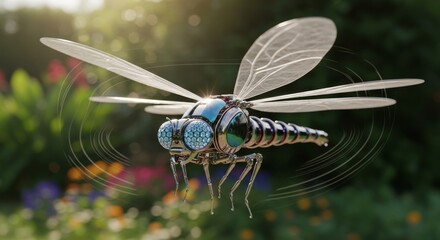 Blue dragonfly mini robot closeup on a green leaf showing  the insect's wings and eyes in detail