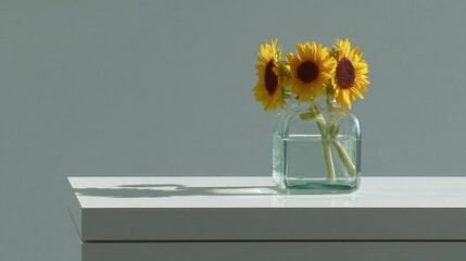 Three sunflowers in a glass vase with clear water sit on a white surface.