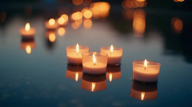 Floating candles with warm lights on dark water at night. Close-up of flickering flames with reflections and a soft bokeh background. A spiritual concept of remembrance and meditation