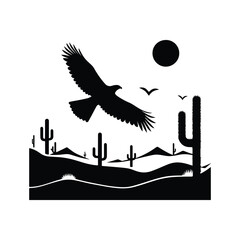Fototapeta premium hawk flying over desert cactus landscape vector silhouette line art illustration 