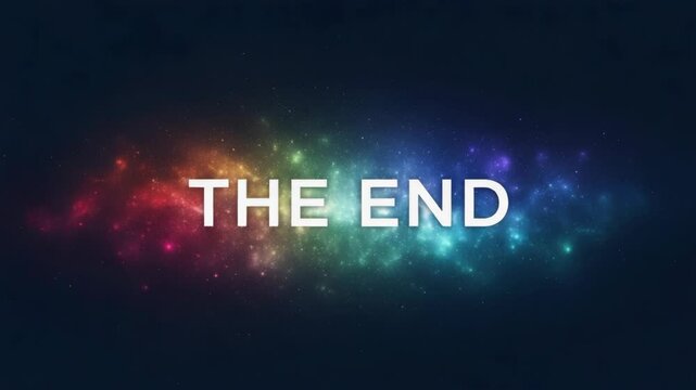 The End text on a colorful space background. Final title card animation with a vibrant rainbow nebula. Conclusion screen for a film or presentation