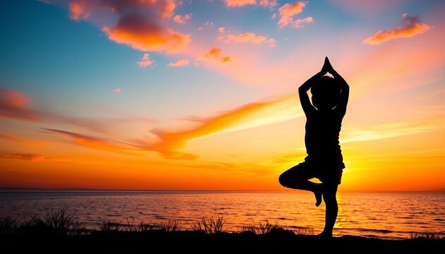 Silhouette of child in yoga pose, vibrant orange sunset,  orange,  calm - Powered by Adobe