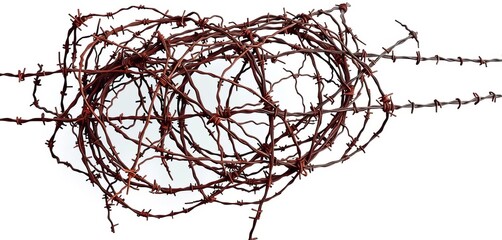 Tangled rusty barbed wire against a stark white backdrop, showing texture and decay, corroded, fence