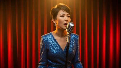 Elegant Asian singer performing on stage with a vintage microphone. Glamorous female vocalist in a blue sequin dress singing in a jazz club