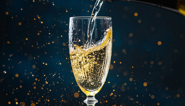 Close-up of champagne being poured into a flute glass with golden splashes and bokeh.