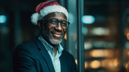 Smiling senior man santa hat glasses suit holiday night Festive portrait of smiling senior man santa hat and glasses wearing