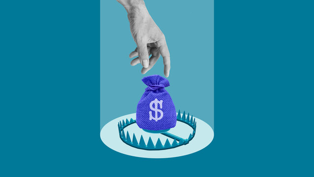Financial Trap Concept with Money Bag on Bear Trap Symbolizing High-Risk Loans with Hidden Fees. Business fraud and risk, Greed and financial pitfall