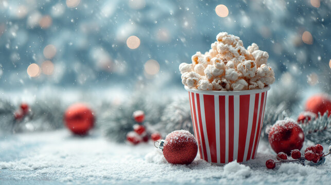 Festive popcorn red striped cup snow christmas decor winter holiday bokeh lights cozy mood celebration