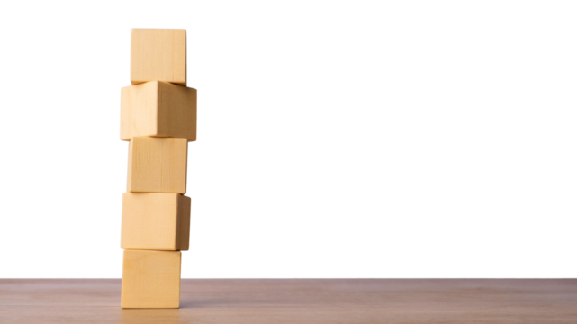 Stack of wooden cubes symbolizing balance and risk, isolated on transparent background