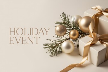 Elegant holiday gifts with golden ribbons and ornaments for winter celebrations and seasonal promotions, perfect for festive campaigns and event marketing