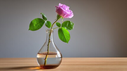 Delicate purple rose in a clear glass bottle on a wooden surface.