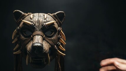 Human hand holding a carved wooden tribal mask. Ancient bear or wolf spirit mask with dramatic lighting. Shamanism and cultural artifact concept with copy space - Powered by Adobe