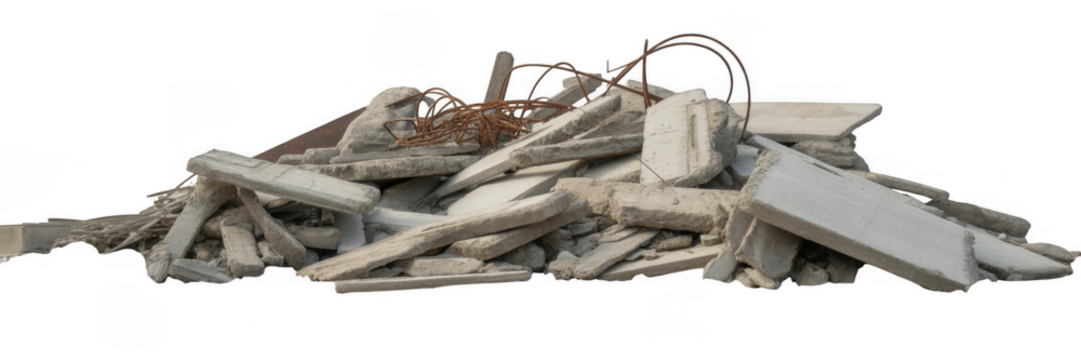 Pile of broken concrete slabs and rusty rebar metal isolated on a transparent background