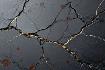 Obraz premium Dark Marble Texture, Cracked Surface, Gold Accents, Abstract Design, Rustic Style, Natural Pattern
