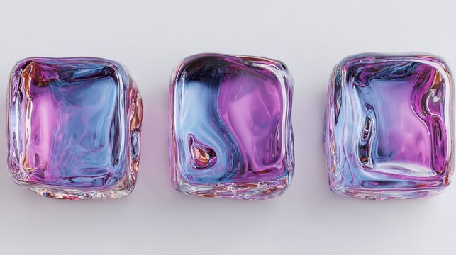 Three abstract, iridescent, cube-shaped objects arranged horizontally against a neutral white backdrop
