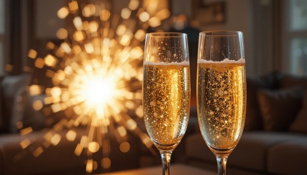 Elegant champagne glasses clinking with 2026 celebration, golden sparkles, fireworks illuminating midnight sky, festive party atmosphere