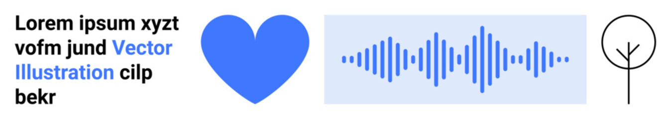 Communication, audio technology, empathy, minimalism, typography, creative concepts. Blue heart, sound wave icon minimalist tree symbol and displayed text. Communication and audio technology