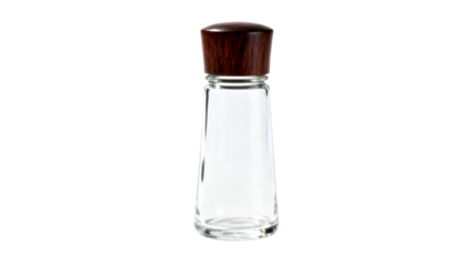 Clear glass salt shaker with wooden cap on white background