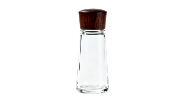 Clear glass salt shaker with wooden cap on white background