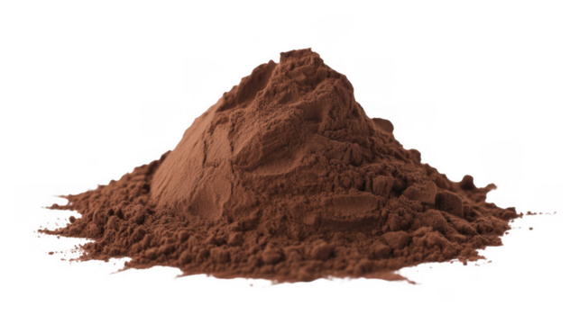 Pile of rich brown cocoa powder with a textured surface and rough edges isolated on a transparent background