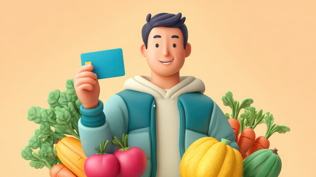 A 3D illustration of a young man holding a credit card for grocery shopping. Character surrounded by fresh vegetables. Healthy eating and food payment concept