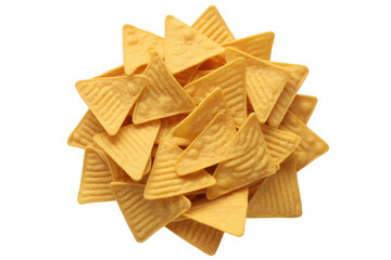Pile of triangular corn chips with ridged texture and golden yellow color isolated on a transparent background