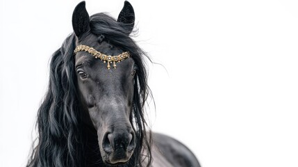 Elegant black horse portrait with fantasy gold jewelry. Friesian stallion with long mane on a white background with copy space