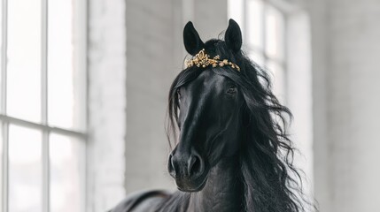 A majestic black friesian horse wearing a gold crown. Close-up portrait in a bright studio. Royalty and fantasy animal concept